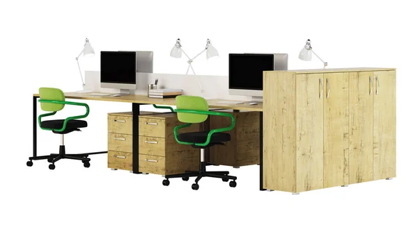 オフィス家具は 白の背景 オフィス空間に支配されています オフィスのデザイン レンダリング — ストック写真