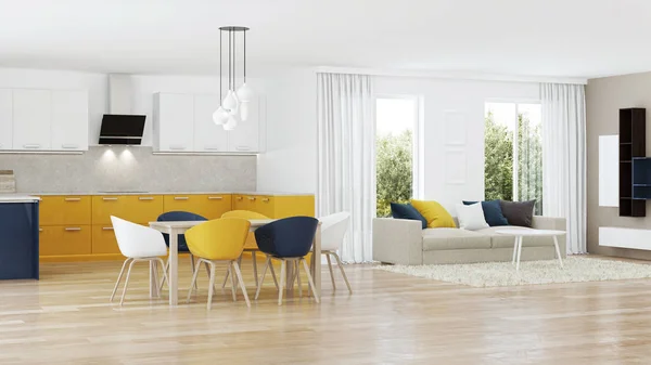 Modern House Interior Yellow Kitchen Rendering — Stock Photo, Image