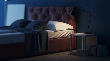 Mavi duvarlı yatak odası iç tasarım. Akşam aydınlatma. İyi geceler. 3D render.