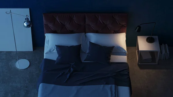 Interior design of the bedroom with blue walls. Evening lighting. Night. 3D rendering.