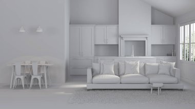 Bir ülkenin ev modern iç. Onarır. Gri iç. 3D render.