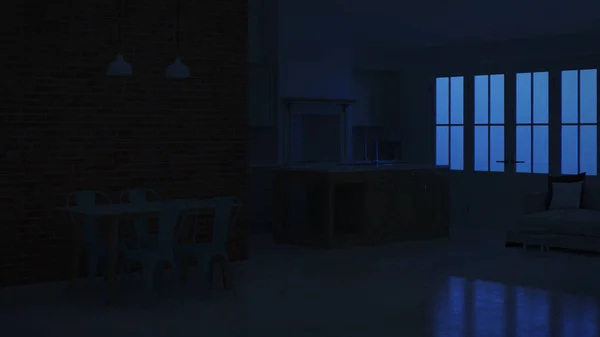 Moderne Interieur Van Een Landhuis Nacht Avond Lighting Weergave — Stockfoto