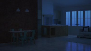 Bir ülkenin ev modern iç. İyi geceler. Akşam aydınlatma. Timelapse. 3D render.