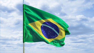 Brezilya bayrağı bir gökyüzü arka plan üzerinde. 3D render.