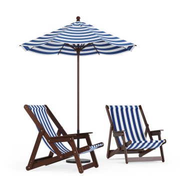 Şezlong şemsiye beyaz arka plan ile. 3D render.