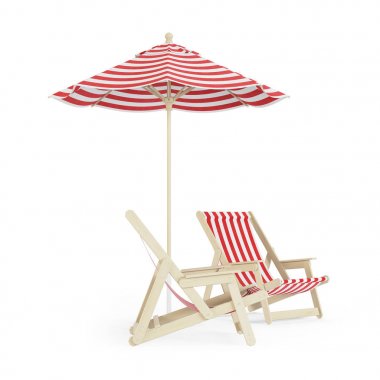 Şezlong şemsiye beyaz arka plan ile. 3D render.