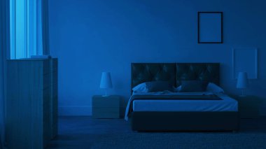 Modern yatak odasının içi. İyi geceler. Akşam aydınlatması. 3B görüntüleme.