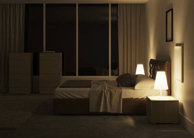 Modern yatak odasının içi. İyi geceler. Akşam aydınlatması. 3B görüntüleme.