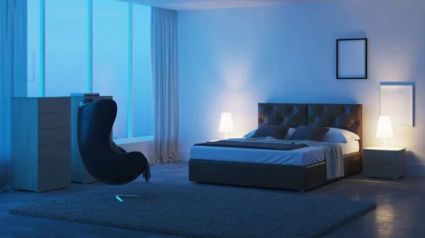 Interior Moderno Quarto Boa Noite Iluminação Nocturna Renderização — Fotografia de Stock