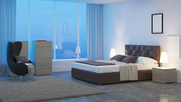 Interior Kamar Tidur Modern Selamat Malam Malam Cahaya Perender — Stok Foto