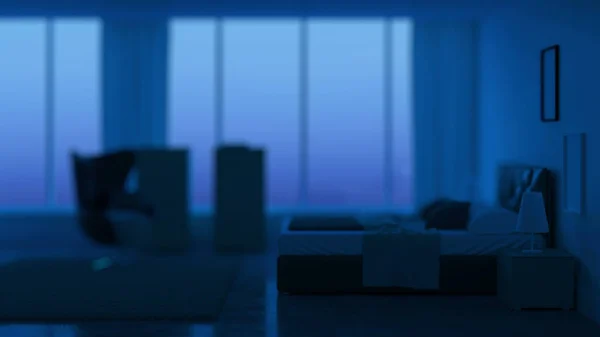 Μοντέρνο Εσωτερικό Υπνοδωμάτιο Νύχτα Βραδινός Φωτισμός Απόδοση — Φωτογραφία Αρχείου