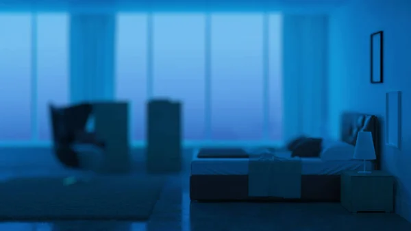Interior Del Dormitorio Moderno Buenas Noches Iluminación Nocturna Renderizado —  Fotos de Stock