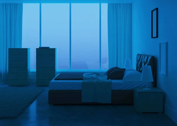 现代卧室的内部 晚安夜光 3D渲染 — 图库照片
