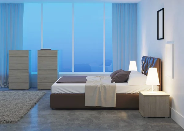 Modern Bedroom Interior Night Evening Lighting Rendering — Stock Photo, Image