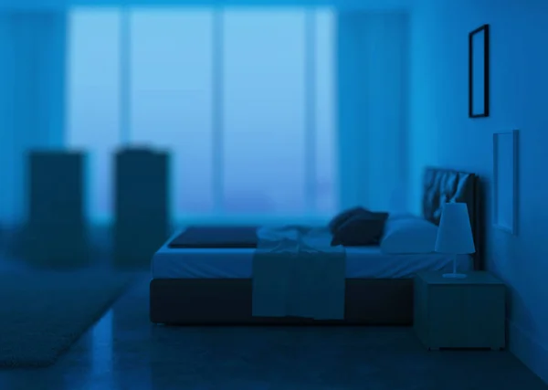 Современный Интерьер Спальни Спокойной Ночи Вечернее Освещение Рендеринг — стоковое фото