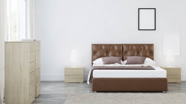 Yatak odası iç tasarım. 3D render.