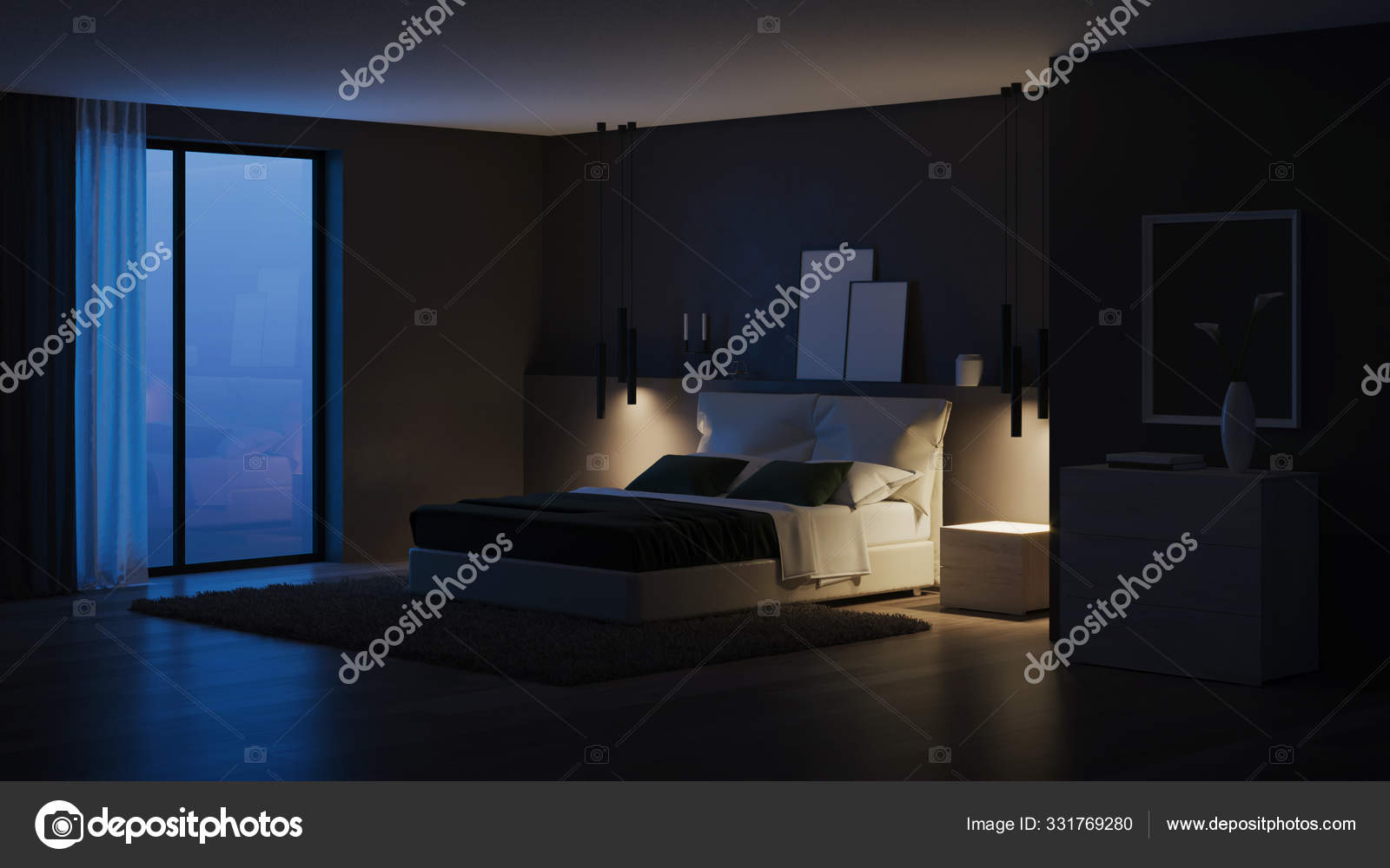 Interior Casa Moderna Quarto Com Paredes Escuras Mobiliário Brilhante Boa  fotos, imagens de © ArtemP1 #334632242