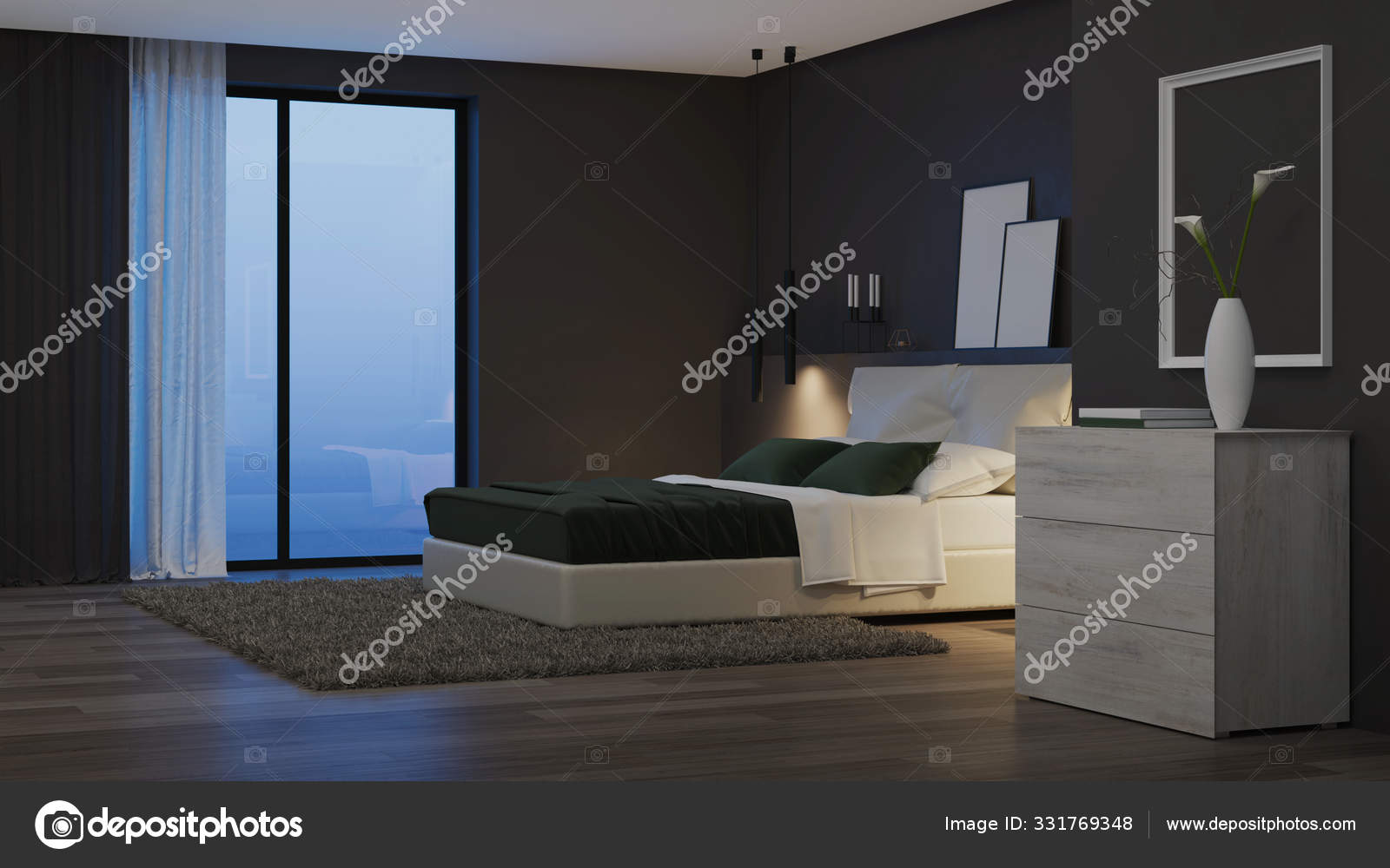 Interior Casa Moderna Quarto Com Paredes Escuras Mobiliário Brilhante Boa  fotos, imagens de © ArtemP1 #331769162