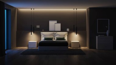 Modern ev iç mimarisi. Karanlık duvarları ve parlak mobilyaları olan yatak odası. İyi geceler. Akşam aydınlatması. 3d oluşturma.
