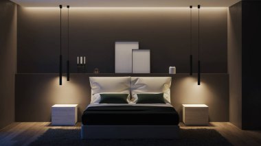 Modern ev iç mimarisi. Karanlık duvarları ve parlak mobilyaları olan yatak odası. İyi geceler. Akşam aydınlatması. 3d oluşturma.