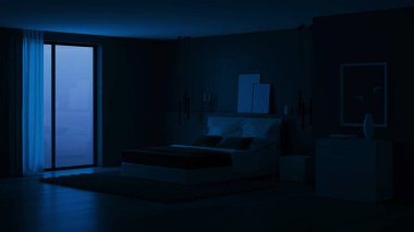 Modern ev iç mimarisi. Karanlık duvarları ve parlak mobilyaları olan yatak odası. İyi geceler. Akşam aydınlatması. 3d oluşturma.