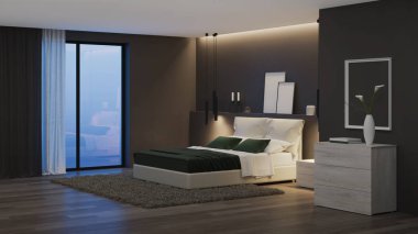 Modern ev iç mimarisi. Karanlık duvarları ve parlak mobilyaları olan yatak odası. İyi geceler. Akşam aydınlatması. 3d oluşturma.