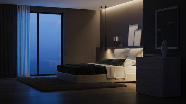 Modern ev iç mimarisi. Karanlık duvarları ve parlak mobilyaları olan yatak odası. İyi geceler. Akşam aydınlatması. 3d oluşturma.