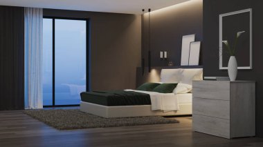 Modern ev iç mimarisi. Karanlık duvarları ve parlak mobilyaları olan yatak odası. İyi geceler. Akşam aydınlatması. 3d oluşturma.