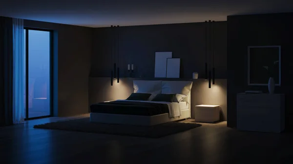 Interior Casa Moderna Dormitorio Con Paredes Oscuras Muebles Luminosos Buenas —  Fotos de Stock