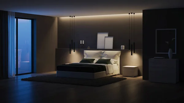 Modern house interior. Bedroom with dark walls and bright furniture. Night. Evening lighting. 3D rendering.