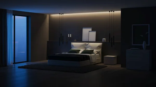 Modern Mimarisi Karanlık Duvarları Parlak Mobilyaları Olan Yatak Odası Geceler — Stok fotoğraf