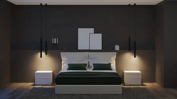 Modern Interieur Slaapkamer Met Donkere Muren Lichte Meubels Goedenacht Avondverlichting — Stockfoto