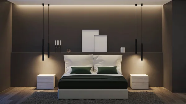 Modern Interieur Slaapkamer Met Donkere Muren Lichte Meubels Goedenacht Avondverlichting — Stockfoto