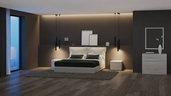 Modern house interior. Bedroom with dark walls and bright furniture. Night. Evening lighting. 3D rendering.