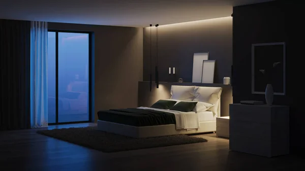 Modern House Interior Bedroom Dark Walls Bright Furniture Night Evening — 스톡 사진