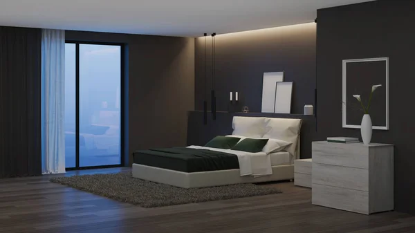 Modern House Interior Bedroom Dark Walls Bright Furniture Night Evening — Stock Photo, Image