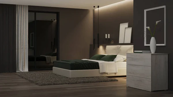 现代住宅内部 卧室有黑暗的墙壁和明亮的家具 3D渲染 — 图库照片