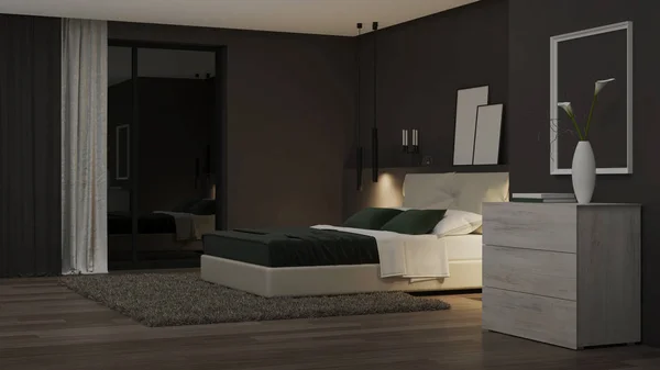 Interior Rumah Modern Kamar Tidur Dengan Dinding Gelap Dan Furnitur — Stok Foto