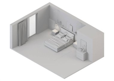 Karanlık duvarları ve parlak mobilyaları olan yatak odası. Ortogonal projeksiyon. Yukarıdan bak. 3d oluşturma.