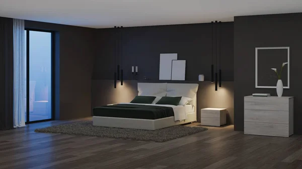 Modern House Interior Bedroom Dark Walls Bright Furniture Night Evening — 스톡 사진