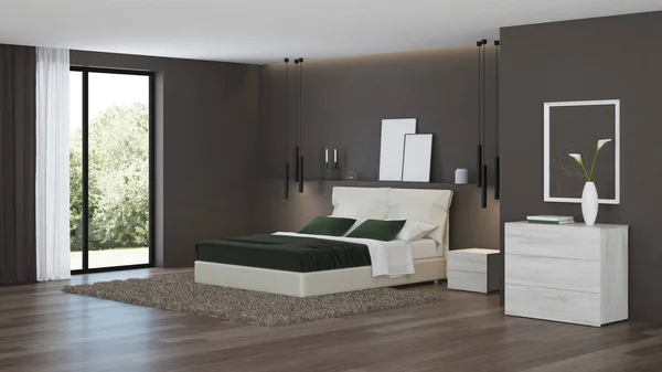 Modern House Interior Bedroom Dark Walls Bright Furniture Rendering — 스톡 사진