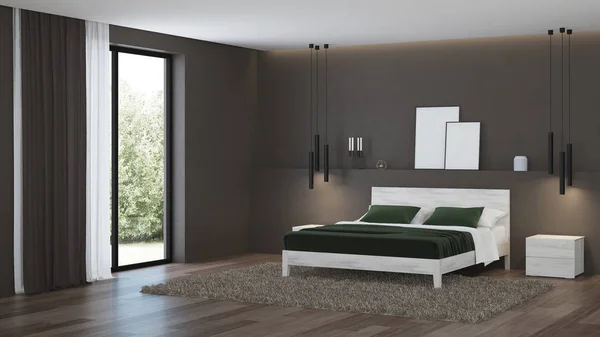 Modern house interior. Bedroom with dark walls and bright furniture. 3D rendering.