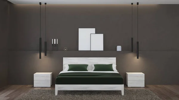 Modern house interior. Bedroom with dark walls and bright furniture. 3D rendering.