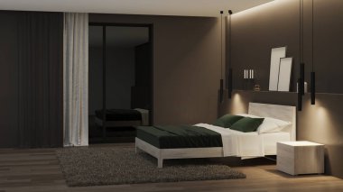 Modern ev iç mimarisi. Karanlık duvarları ve parlak mobilyaları olan yatak odası. İyi geceler. Akşam aydınlatması. 3d oluşturma.