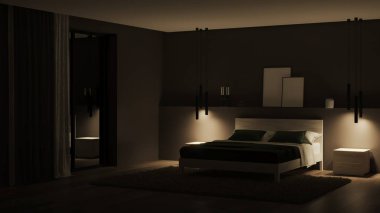Modern ev iç mimarisi. Karanlık duvarları ve parlak mobilyaları olan yatak odası. İyi geceler. Akşam aydınlatması. 3d oluşturma.