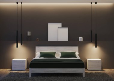 Modern ev iç mimarisi. Karanlık duvarları ve parlak mobilyaları olan yatak odası. İyi geceler. Akşam aydınlatması. 3d oluşturma.