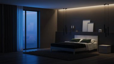 Modern ev iç mimarisi. Karanlık duvarları ve parlak mobilyaları olan yatak odası. İyi geceler. Akşam aydınlatması. 3d oluşturma.