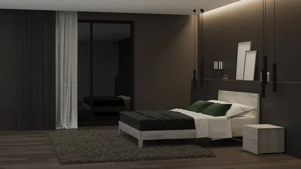 モダンな家のインテリア 暗い壁と明るい家具付きのベッドルーム 夜だ夜の照明3Dレンダリング — ストック写真