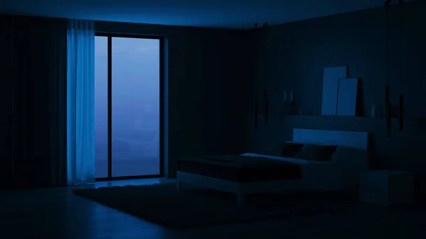 Modern Mimarisi Karanlık Duvarları Parlak Mobilyaları Olan Yatak Odası Geceler — Stok fotoğraf