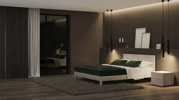 Modern Interieur Slaapkamer Met Donkere Muren Lichte Meubels Goedenacht Avondverlichting — Stockfoto